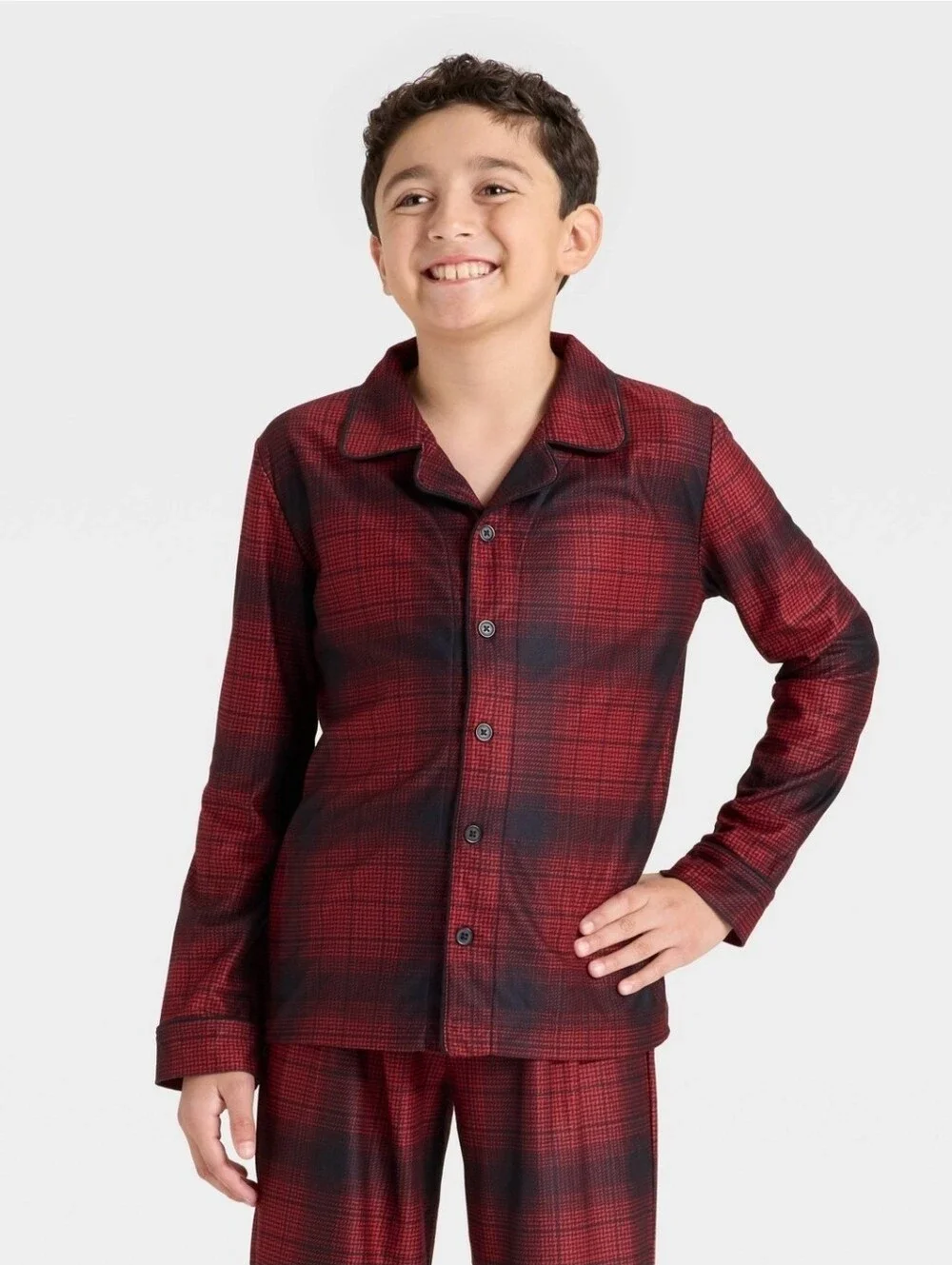 Cat & Jack Boys' 2pc Plaid Holiday Long Sleeve Button-Down Pajama Set Red Size S